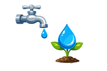 Fototapeta premium Water drops from a faucet fall onto a small plant in soil during a sunny day