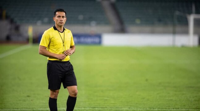 A football referee, focused and ready to officiate, stands on the pitch