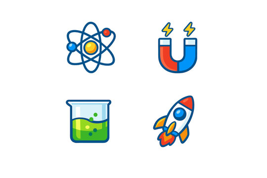 Colorful icons represent scientific concepts like atoms, magnets, liquids, and rockets, illustrating the fundamentals of science and technology education