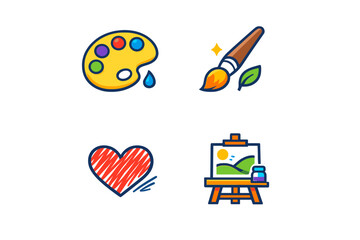 Obraz premium Creative symbols of art including a paint palette, paintbrush, heart, and easel with a landscape on display