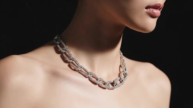 Close up shot showcasing a woman modeling a luxurious thick diamond link chain necklace against a dark background emphasizing elegance.