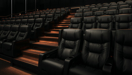 Obraz premium VIP仕様の黒レザー席が並ぶハイエンドシアターの中央通路
