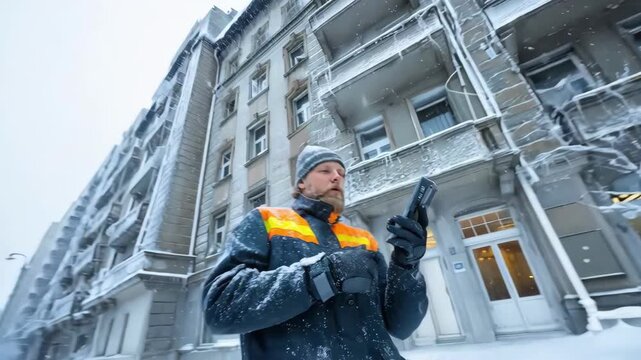 Medium shot of an inspector using infrared thermal imaging outdoors in winter identifying insulation gaps on a building facade covered with snow.