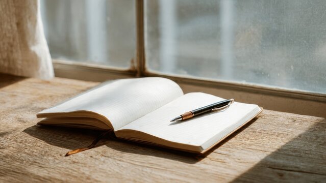 Open notebook and pen on rustic wooden desk