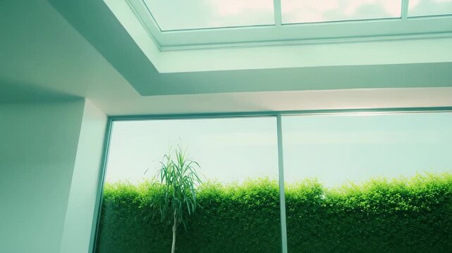 Modern architectural interior showcasing a large skylight and expansive window panels, filling the space with abundant natural light and featuring a serene cloudscape