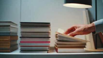 Person Reading Book Stack Under Lamp