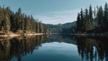 Obraz premium Reflections on a serene lake surrounded by forest