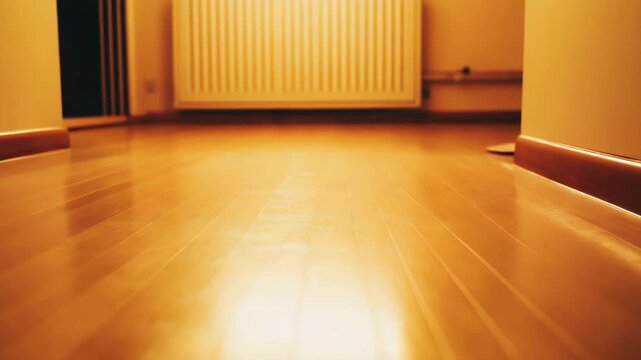 Highly polished wooden parquet floor reflecting warm golden light, creating a radiant gradient and deep perspective in a tranquil, empty residential interior setting