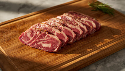 木製まな板にサーロインの霜降り薄切りを扇状に並べた昼のキッチン