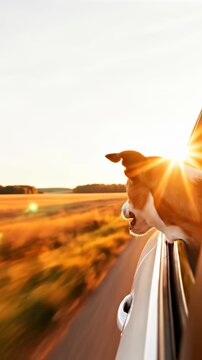 Happy jack russell terrier dog sticking head out of car window during a sunset road trip drive