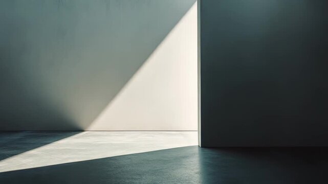 Minimalist concrete room featuring strong diagonal shadows and brightly illuminated wall section, creating a modern architectural backdrop for various concepts