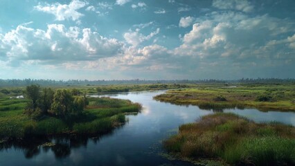 Fototapeta premium Serene Marsh Landscape Under Cloudy Sky