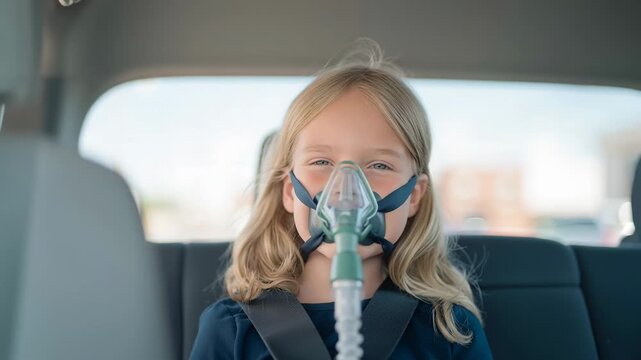Young girl with an oxygen mask sitting in a car. Child patient receiving respiratory therapy for asthma. Medical healthcare and childhood illness concept.