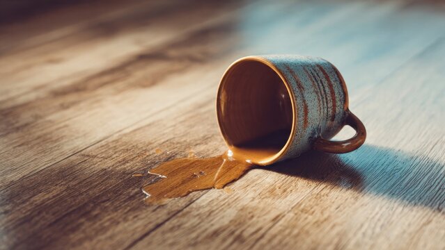 Spilled coffee cup on a wooden floor