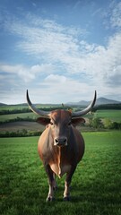 Majestic Longhorn Grazing in Lush Green Pasture Under a Cloudy Sky.
