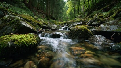 Obraz premium Stream flowing through a lush forest
