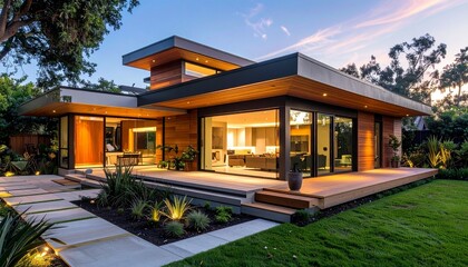 Fototapeta premium Modern Single-Story House with Glass Walls – Residential Visual for Editorial, Lifestyle, or Design Branding Themes