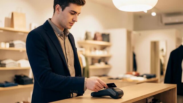 Man paying with credit card at pos terminal in clothing boutique