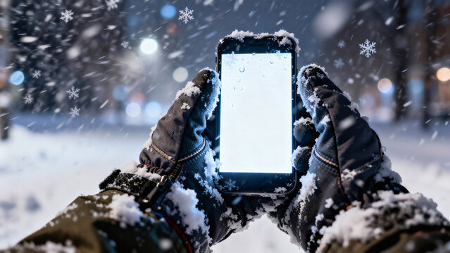 Person Using Smartphone Flashlight Mode in Winter Snowstorm Night