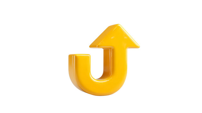 3D yellow U turn arrow symbol, glossy and isolated on transparent background, representing direction change, navigation, or reverse movement, with modern and playful style