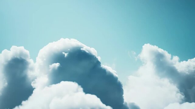 Fluffy white cumulus clouds drift across a pastel blue sky, forming a soft, ethereal cloudscape that evokes calm, open space and gentle summertime serenity