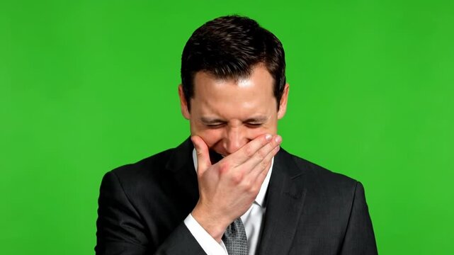 Businessman snorting and laughing while covering mouth on green screen