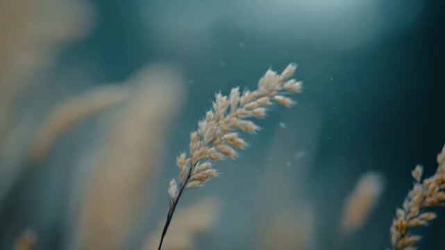 Delicate dry grass stem standing tall against a soft, out of focus background with subtle airborne particles, creating a serene and natural atmospheric scene