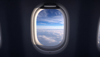 Fototapeta premium 最新機のやわらかな間接光に縁取られた窓から雲海を望む上質な機内