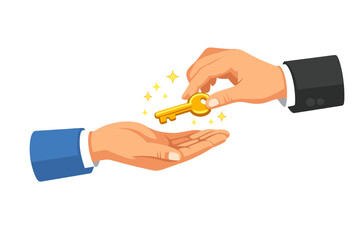 Fototapeta premium Hands exchange a golden key symbolizing trust and opportunity in a business setting during a daytime event