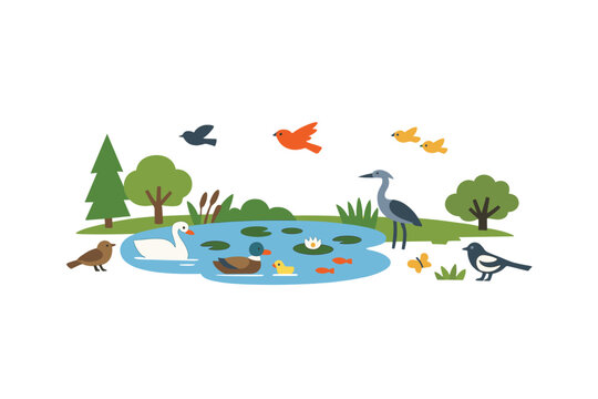 Birds and animals gather around a pond with plants and trees on a sunny day in a natural setting
