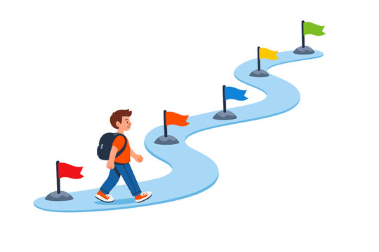 Child walks along a path marked by colorful flags in a playful design, showing a journey with various stations in a cartoon style