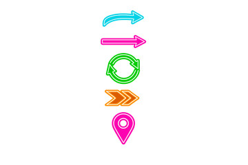 Neon arrows and symbols display showing directions and navigation elements on a plain background during daylight hours