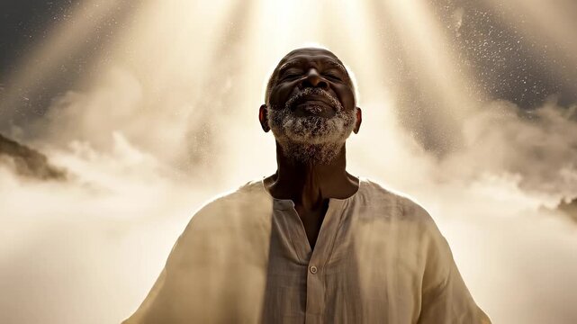 Spiritual african american man praising god with arms outstretched