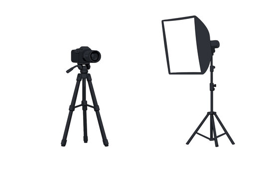 Camera and softbox setup for a photography session in a studio during the day