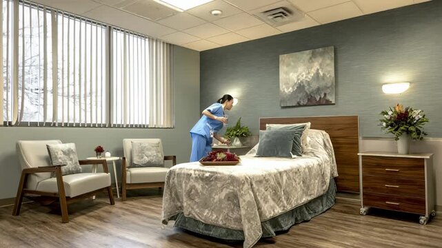 Cozy respite care room featuring soft lighting and ergonomic furniture offering a tranquil environment for temporary relief and comfort.