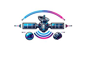 Graphic design of a satellite orbiting in space with planets and an asteroid in view during a science and technology themed event © icon_art