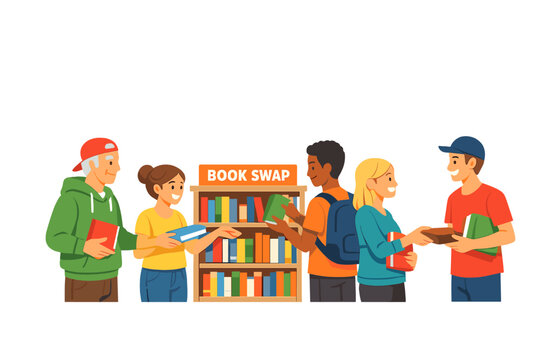 People participate in a book swap event at a community center as they exchange books with each other and share their reading choices