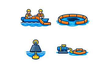 Workers respond to spill in water using equipment and tools during environmental cleanup efforts at a location near a shoreline © Alan