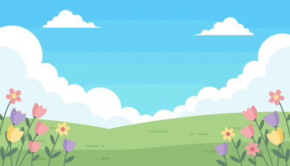 Vibrant Spring Landscape with Blooming Flowers and Rolling Hills.