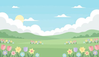 Vibrant Spring Meadow Landscape with Blooming Flowers and Rolling Hills.