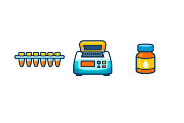 Fototapeta premium Medical lab equipment includes test tubes, a centrifuge, and a medicine bottle used for laboratory work