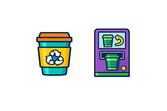 Reusable coffee cup and drink vending machine sit side by side on a plain background, showing options for eco-friendly choices during busy times