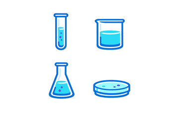 Chemical lab tools are arranged in groups showing test tubes, beakers, flasks, and petri dishes used for experiments and research