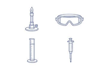 Fototapeta premium Laboratory tools are arranged for experiments in a science classroom setting, with a Bunsen burner, goggles, measuring cylinder, and syringe visible