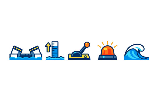 Icons representing flooding events and emergency response in a simple graphic format for safety awareness campaigns