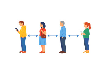 Obraz premium People standing in line with their phones at a busy location during the day while maintaining personal space from each other
