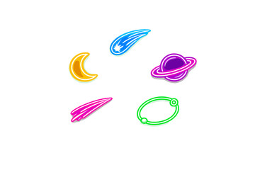 Fototapeta premium Colorful neon designs of celestial objects like planets, stars, and comets on a white background creating a bright and fun space theme