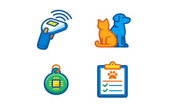 Icons representing pet care tools and services for animal identification and health tracking in a veterinary setting