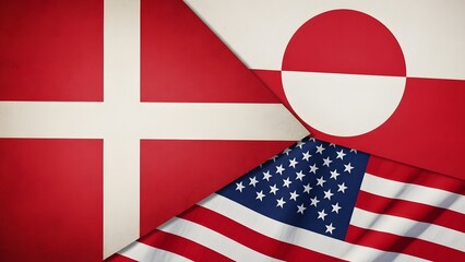 Flags of Denmark, Greenland, and the United States superimposed, representing geopolitical and diplomatic relations.