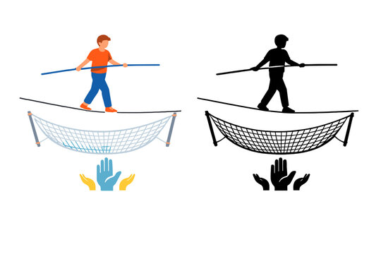 Balance exercise involves a person walking on a tightrope above a safety net with hands extending from below to provide support during the activity